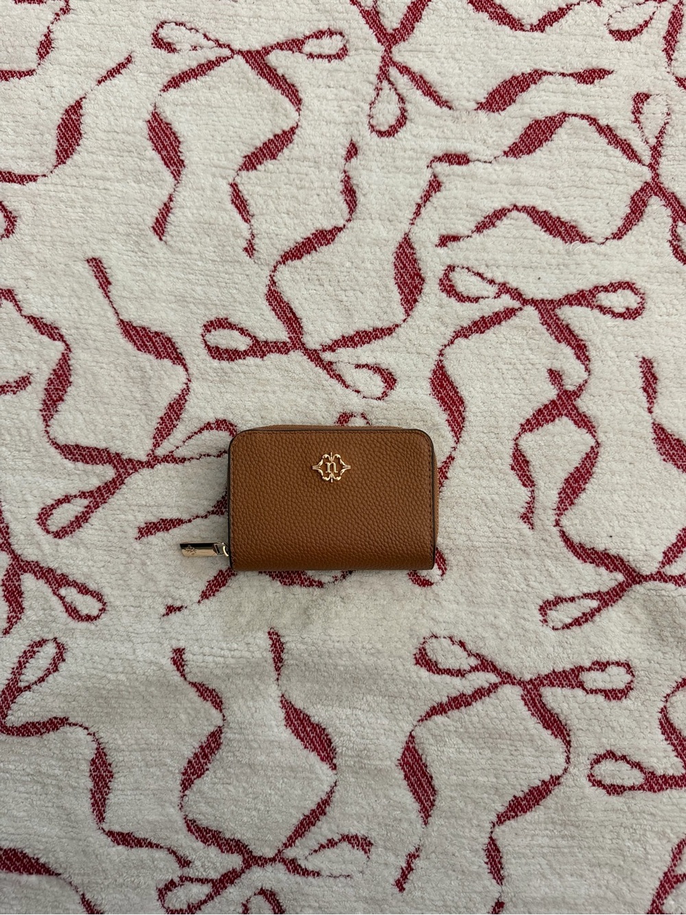 Nanette Lepore Tan Pebbled Leather Zip Card Holder with Gold Emblem
